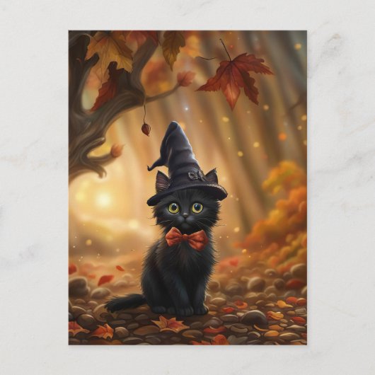 Halloween Black Cat Witch Pet Fall Bladeren Schatt Feestdagenkaart (Voorkant)
