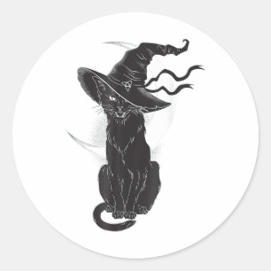 Halloween Black Cat Witch Pet Moon Ronde Sticker