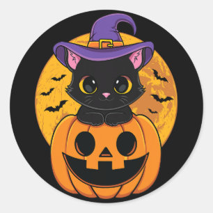 Halloween Black Cat Witch Pet pompoen voor kindere Ronde Sticker