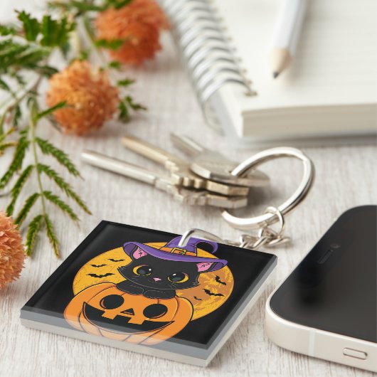 Halloween Black Cat Witch Pet pompoen voor kindere Sleutelhanger (Voorkant Rechts)