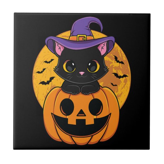 Halloween Black Cat Witch Pet pompoen voor kindere Tegeltje (Voorkant)