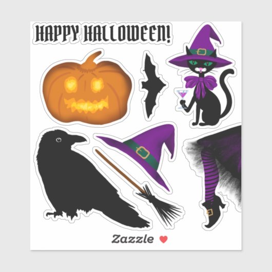 Halloween Black Cat Witch Pet Raven Pumpkin Broom Sticker (Vel)