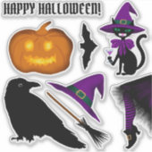 Halloween Black Cat Witch Pet Raven Pumpkin Broom Sticker (Voorkant)