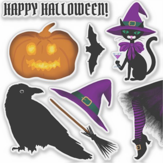Halloween Black Cat Witch Pet Raven Pumpkin Broom Sticker (Voorkant)