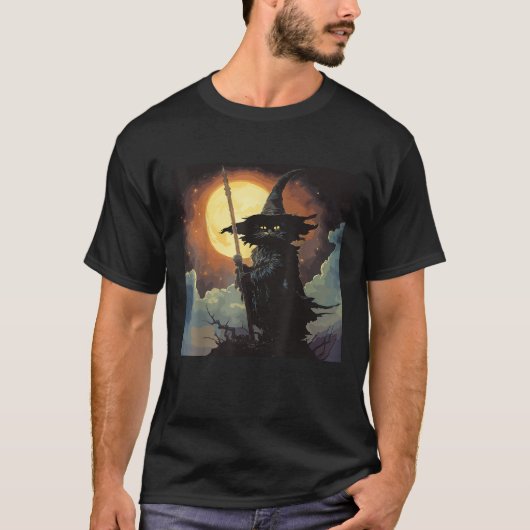 Halloween Black Cat Witch Whimsigoth T-shirt (Voorkant)