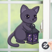 Halloween Black Cat with Magical Lantern Raamsticker (Huis)