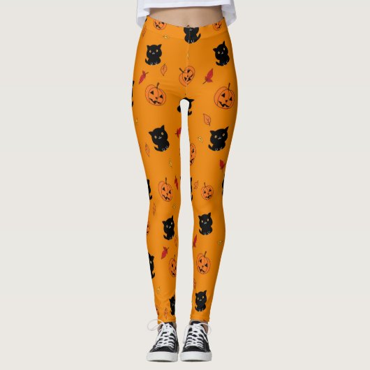 Halloween Black Cats and Pumpkins Pattern Leggings (Voorkant)
