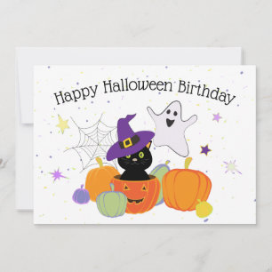Halloween Black Cute Cat and Pumpkins Kaart