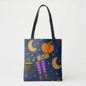 Halloween Black en Paars Whimsical Patroon Tote Bag (Voorkant)