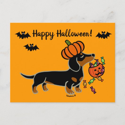 Halloween Black en Tan Smooth Haire Dachshund Briefkaart (Voorkant)