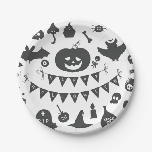 Halloween Black en White Icons Pattern Papieren Bordje (Voorkant)