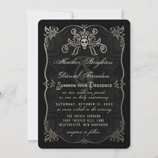 Halloween Black Gold Elegant Skull Wedding Invite Kaart (Voorkant)