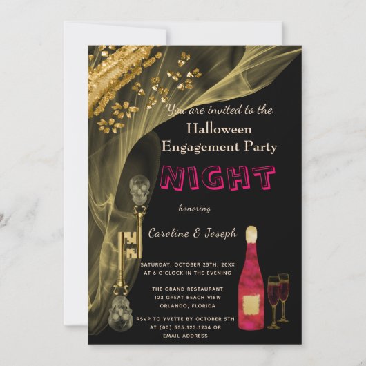 Halloween Black & Gold Skull Keys Engagement Party Kaart (Voorkant)