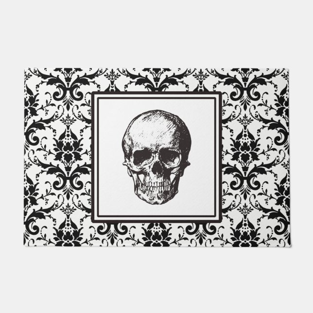 HALLOWEEN Black Gothic Damask Pattern Skull Deurmat (Voorkant)