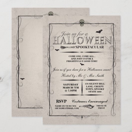 Halloween Black Gothic Skeleton Skull Party Uitnod Kaart (Voorkant / Achterkant)