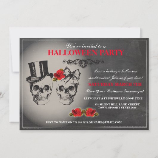 Halloween Black Gothic Skull Roos Party Invite Kaart (Voorkant)