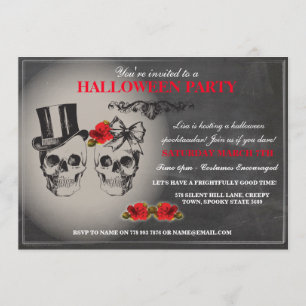 Halloween Black Gothic Skull Roos Party Invite Kaart