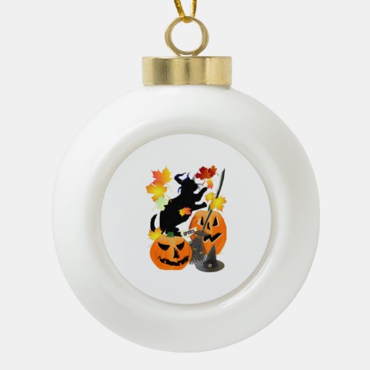 Halloween Black Kat Batting  bladeren Keramische Bal Ornament (Voorkant)