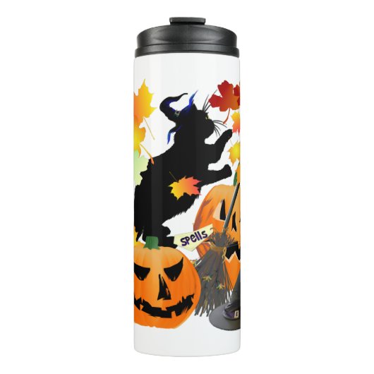 Halloween Black Kat Batting  bladeren Thermosbeker (Voorkant)