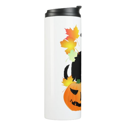 Halloween Black Kat Batting  bladeren Thermosbeker (Gedraaid links)