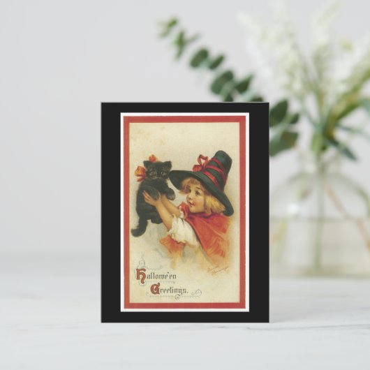 Halloween Black Kitten en Witch Girl Briefkaart (Staand voorkant)