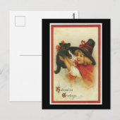 Halloween Black Kitten en Witch Girl Briefkaart (Voorkant / Achterkant)