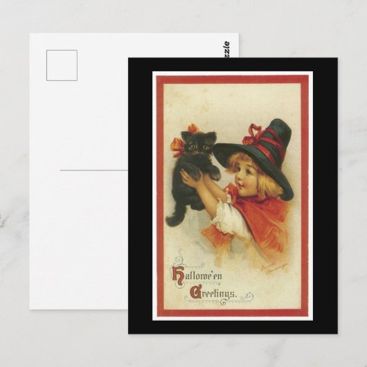 Halloween Black Kitten en Witch Girl Briefkaart (Voorkant / Achterkant)
