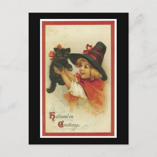 Halloween Black Kitten en Witch Girl Briefkaart (Voorkant)