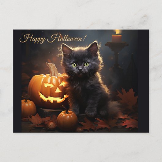 Halloween Black Kitty Cat, Jack van Lantern Pumpki Briefkaart (Voorkant)