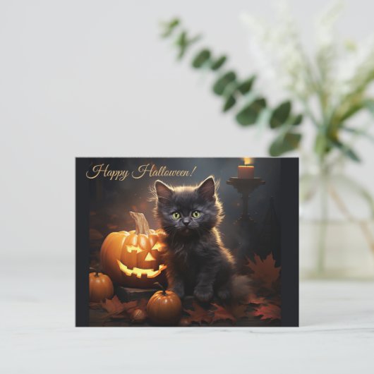 Halloween Black Kitty Cat, Jack van Lantern Pumpki Briefkaart (Staand voorkant)