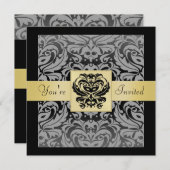 Halloween Black Mask Damask Gold Ribbon Invitation Kaart (Voorkant / Achterkant)
