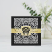 Halloween Black Mask Damask Gold Ribbon Invitation Kaart (Staand voorkant)