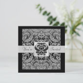 Halloween Black Mask Damask Gray Ribbon Invitation Kaart (Staand voorkant)