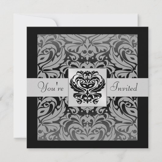 Halloween Black Mask Damask Gray Ribbon Invitation Kaart (Voorkant)