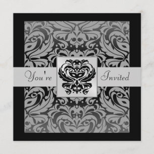 Halloween Black Mask Damask Gray Ribbon Invitation Kaart