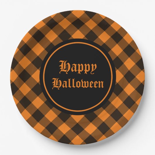 Halloween Black Oranje Gingham Check Pattern Papieren Bordje (Voorkant)