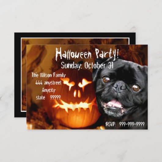 Halloween Black Pug-uitnodiging Kaart (Voorkant / Achterkant)