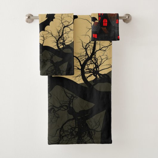 Halloween Black Red Haunted House Bat Full Moon Bad Handdoek (Insitu)