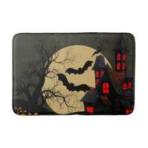Halloween Black Red Haunted House Bat Full Moon