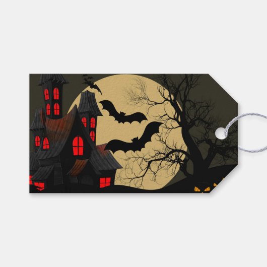 Halloween Black Red Haunted House Bat Full Moon Cadeaulabel (Voorkant (Horizontaal))
