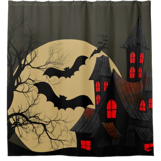 Halloween Black Red Haunted House Bat Full Moon Douchegordijn (Voorkant)