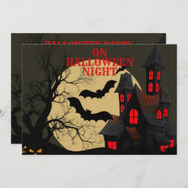 Halloween Black Red Haunted House Bat Full Moon Kaart