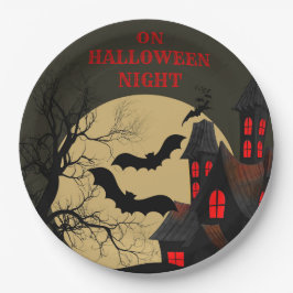 Halloween Black Red Haunted House Bat Full Moon Papieren Bordje