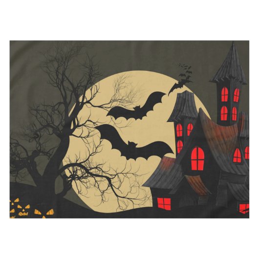 Halloween Black Red Haunted House Bat Full Moon Tafelkleed (Voorkant (Horizontaal))
