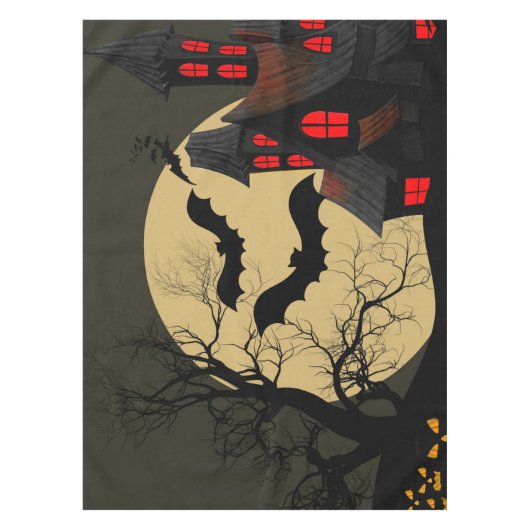 Halloween Black Red Haunted House Bat Full Moon Tafelkleed (Voorkant)
