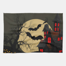 Halloween Black Red Haunted House Bat Full Moon Theedoek