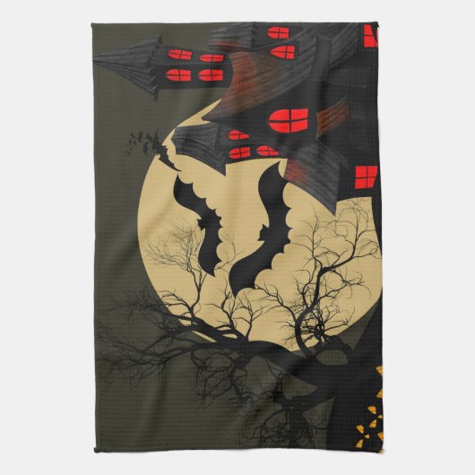 Halloween Black Red Haunted House Bat Full Moon Theedoek (Verticaal)