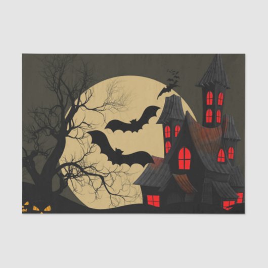 Halloween Black Red Haunted House Bat Full Moon Tissuepapier (Voorkant)