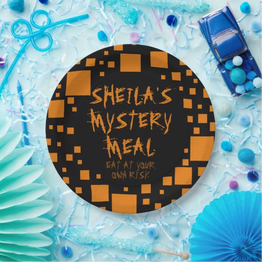 Halloween Black Sinaasappel Squares Name Spooky Fo Papieren Bordje (Feest)