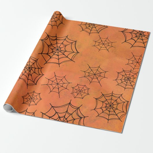 Halloween Black Spider Webs Oranje wrapppapier Cadeaupapier (Uitgerold)
